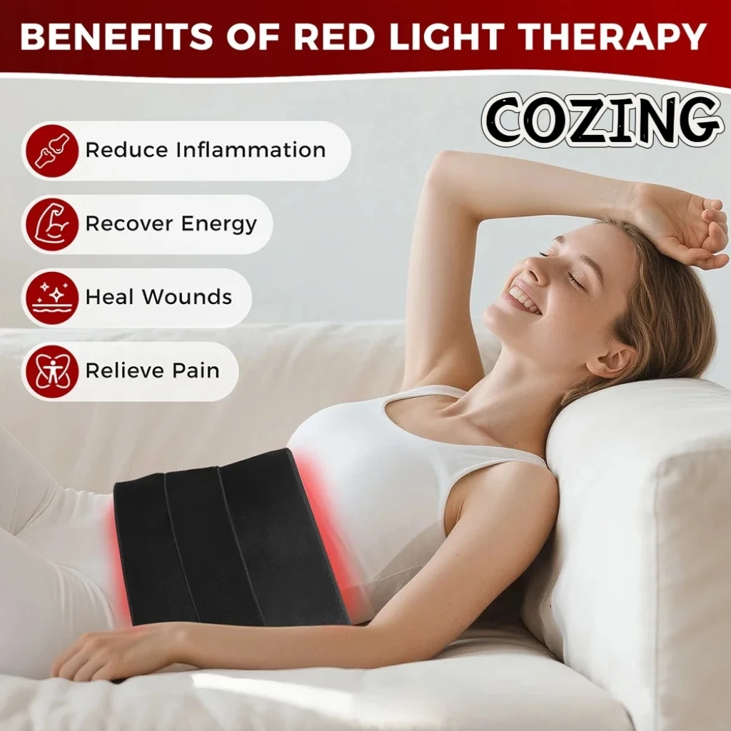 

COZING Перезаряжаемый пояс для терапии красным светом, 360 светодиодов, носимая подушка 660 нм 850 нм для облегчения боли в мышцах и восстановления тела