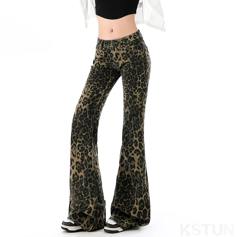 KSTUN American Vintage Leopard Print Low-rise Hipster Slim-fit Flared Jeans for Women Stretchy Versatile Style Bell Bottom Pants