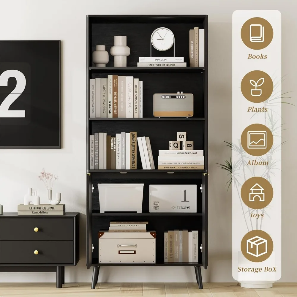 Bibliothèque haute à 5 niveaux avec portes cannelées, étagères réglables, armoire de rangement en bois pour le bureau et la maison