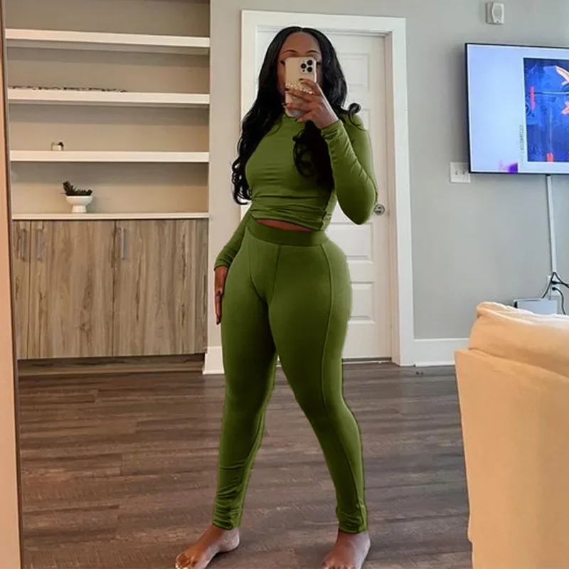 Women Solid Ribbed Yoga 2 Piece Set O-neck Long Sleeve Crop Tops + High Waist Leggings Pants Slim Fitness Workout Jogger Suits