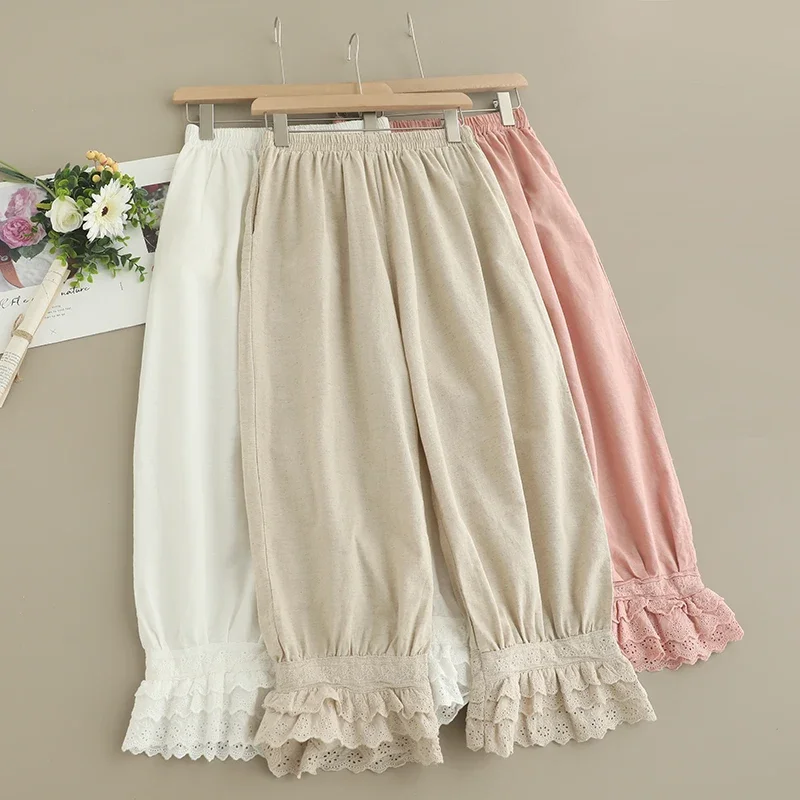 Spring Summer Sweet Mori Girl Japanese Style Ruffles Embroidered Cotton Linen Pants Women Casual Pockets Elastic Waist Pants