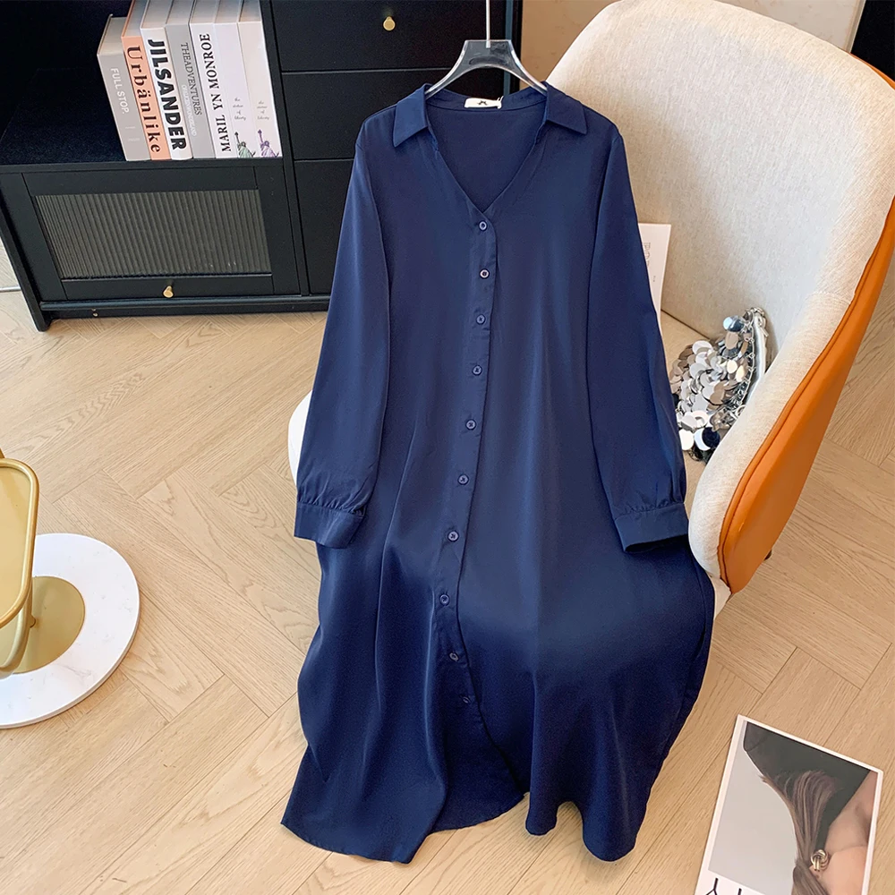 Plus-size women's spring and autumn loose comfortable casual commuter fashion dress navy blue lapel button long-sleeved dress