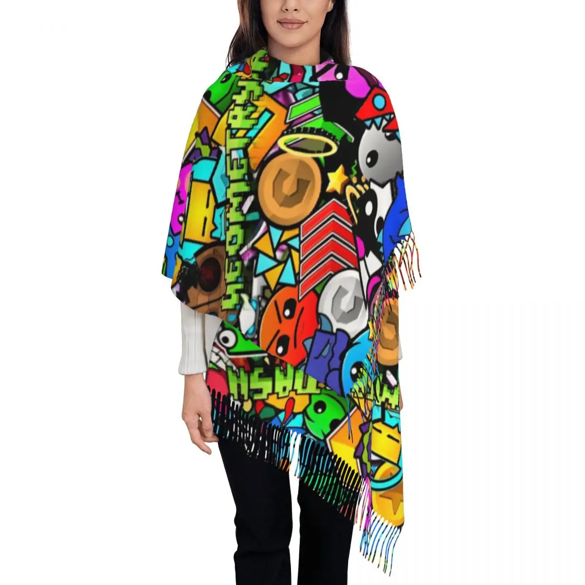 Geometry Dash Video Game Shawl Wrap Womens Winter Large Soft Scarf Geometric Dash Pashminas Tassel Scarves