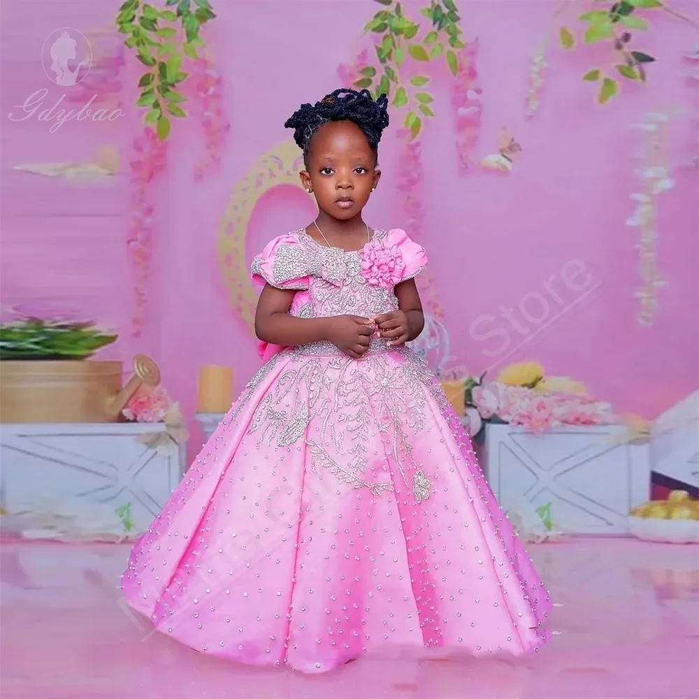 Roze bloemenmeisjesjurk met kralen Eerste kerstjurk Bruiloftsfeestoutfit فساتгаут MohamedéesП кла__