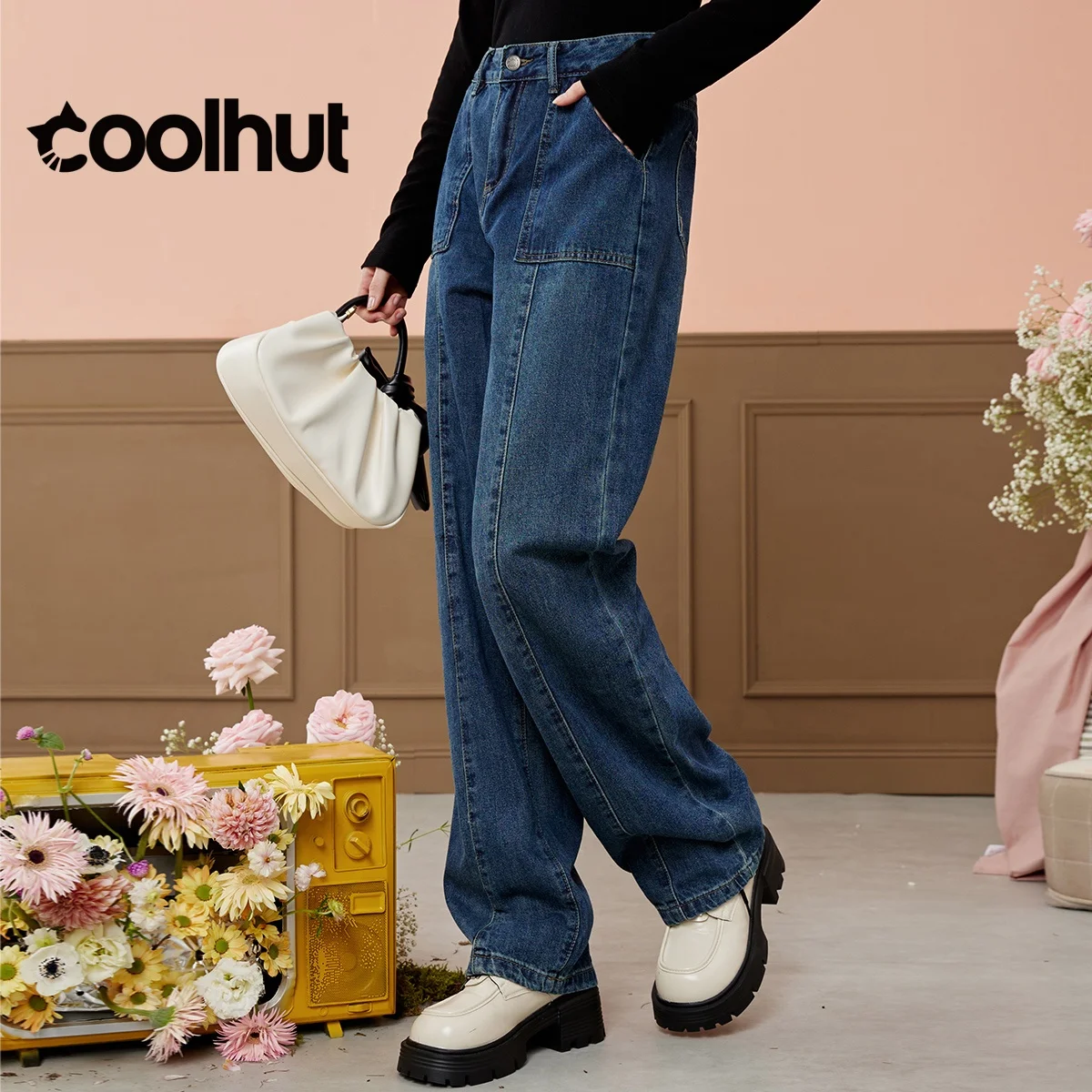 

COOLHUT 2025 New High Waist Loose Wide Leg Straight Denim Pants Women Spring Fashion Casual Trousers with Narrow Hem Design