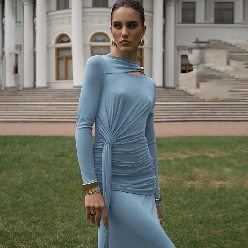 

2025 Autumn Women's Fashion Trendy Graceful Body-Shaping Wrinkled Waist-Drawing Asymmetrical Long-Sleeve Elegant party Dresses