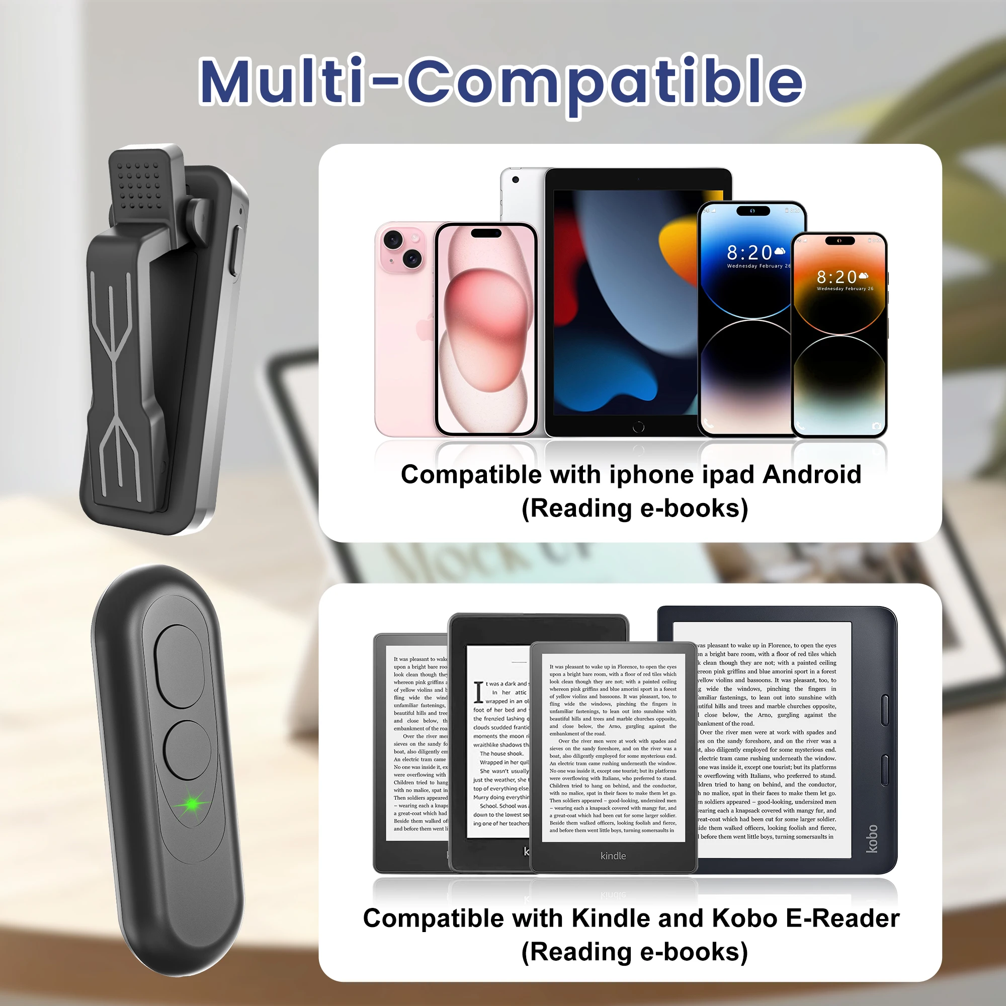RF Remote Control Page Turner Phone Camera Video Record Shutter for iphone ipad Android Kindle Kobo EReaders Remote Clicker