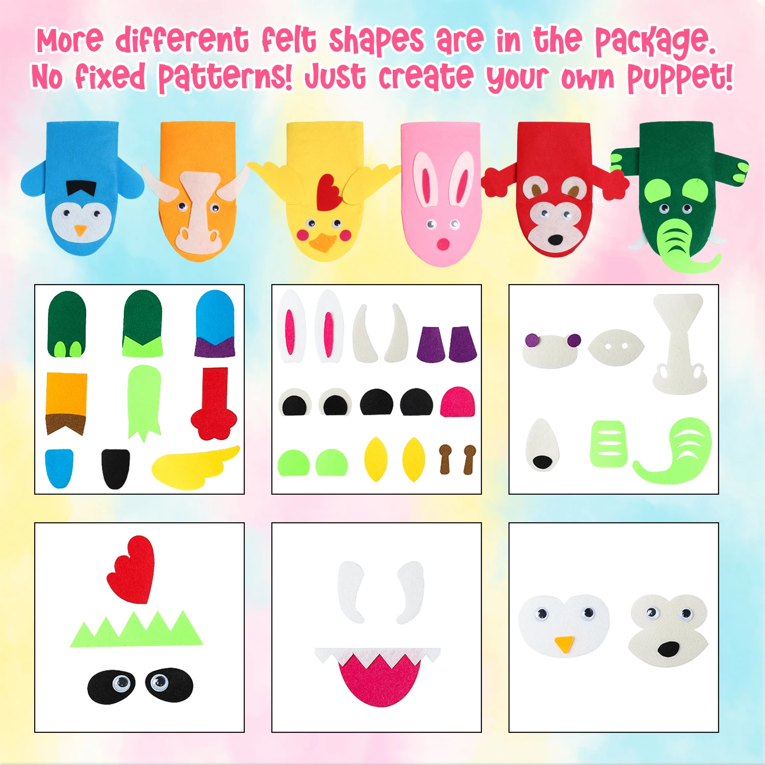 6pcs Felt Hand Puppet Making Kit Creative Make DIY Art Craft Pompoms Storytelling Kindergarten Early Education Gifts for Kids