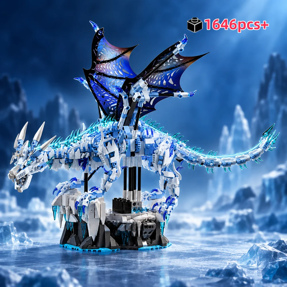 Creative Dragon Ice Dragon Model 1646pcs Technical Gear Linkage Building Blocks With Light MOC Toy Movie Fans Collection Gift