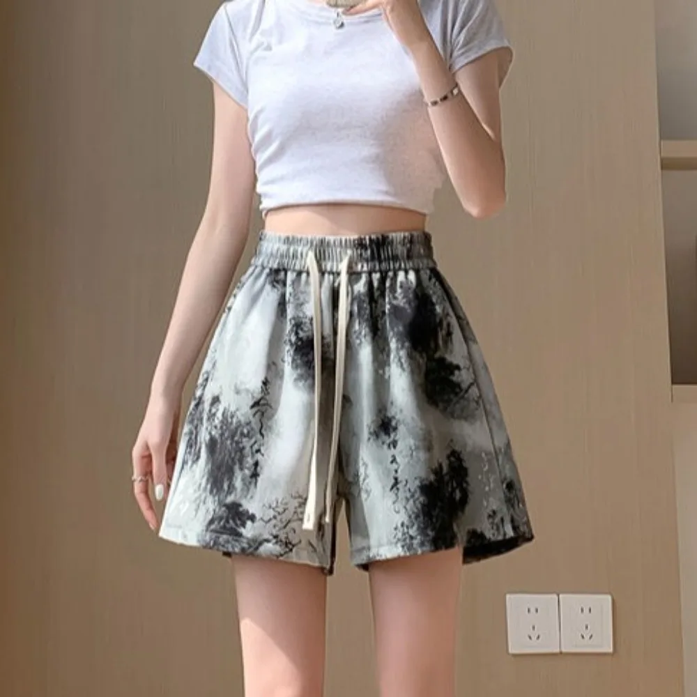 

Causal Loose Beach Short Pants Thin High Waist Surf Pants Drawstring Ink Painting Quick Dry Shorts Girls