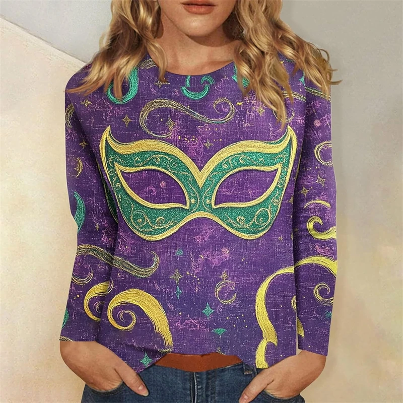 Mardi Gras Mask Print Women Sweatshirt 2025 New Design Graphic Round Neck Sweatshirt Carnival Streetwear Fashion Trend Hoodie