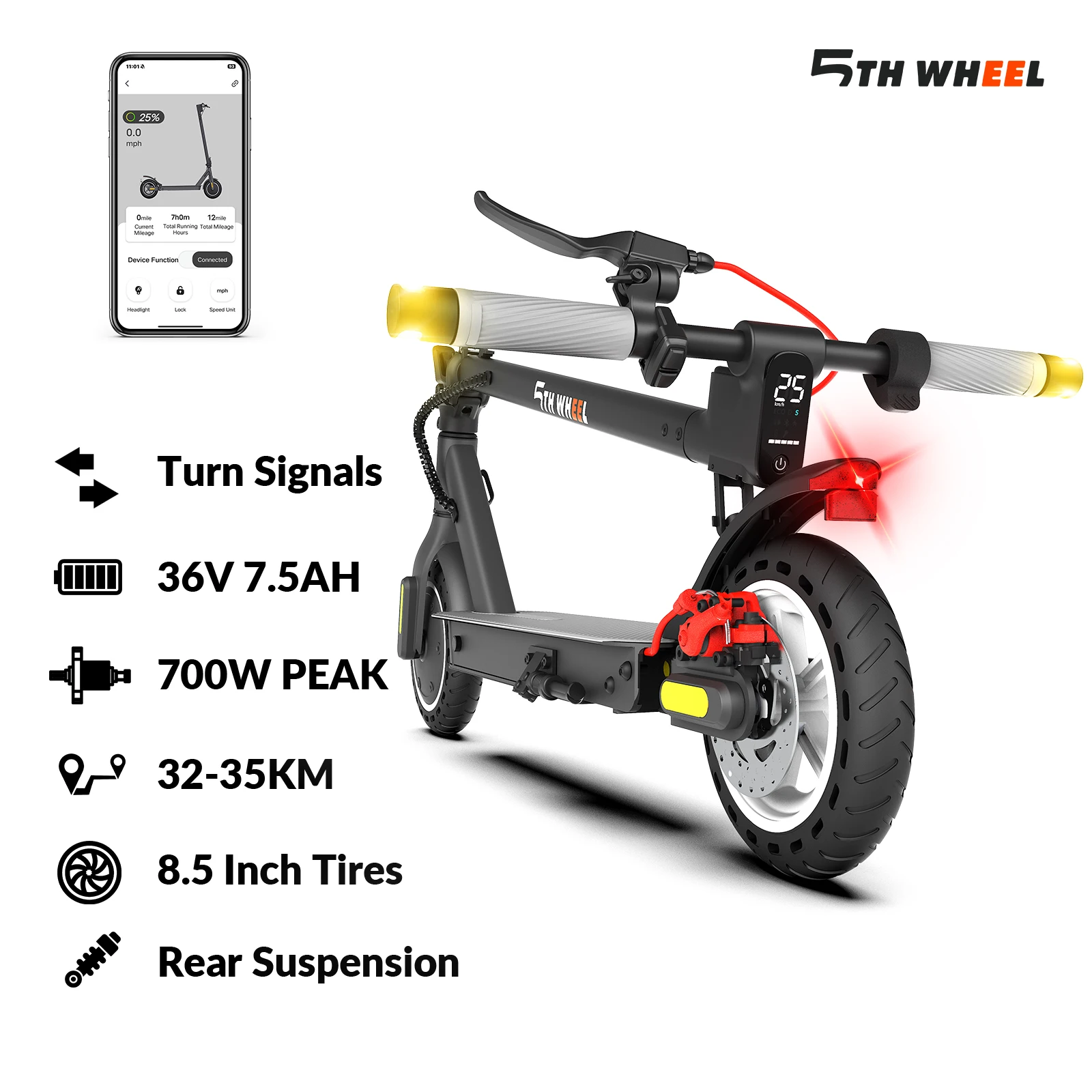 Trottinette électrique 5TH WHEEL, moteur 350W, autonomie 35KM, vitesse 25KM/H, pneus 8.5'', clignotants et suspension arrière, trottinette électrique pliable avec application, 36V 7.5Ah