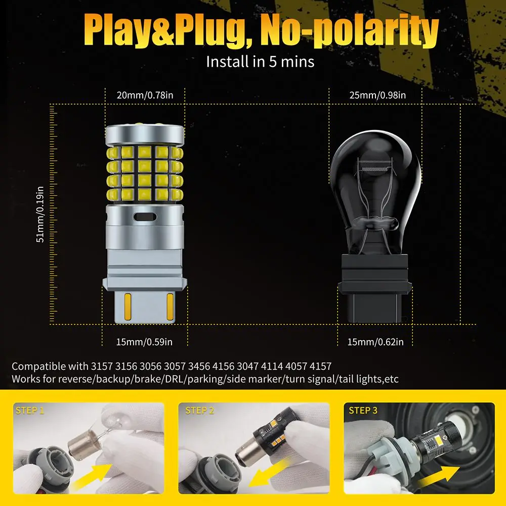 AILEO 2 PCS P27W LED Bulb 3156 LED Bulb P27/7W LED Bulb 3157 LED Bulb 54SMD 3030 LED 12V 10W 3000LM White Red Yellow Signal Lamp