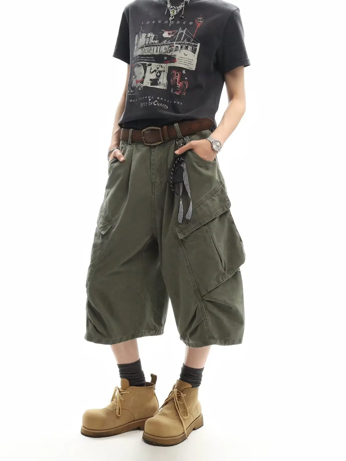 American High Street Large Pocket Design Loose Wide Leg Seven-Foot Pants Men Women Summer Trendy Brand Knee-Length Workwear S...