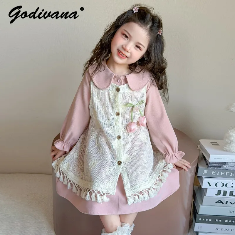 Cute Girls Long Sleeve Casual Dresses 2026 New Spring Autumn kids Sweet Pastoral Dress with 3D Tulip Decor Tassel Cami Top Sets