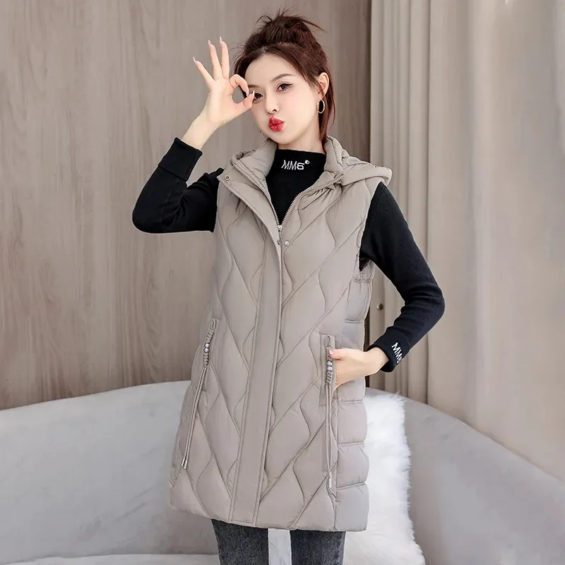 

Осень-зима 2025 г., хлопковая пуховая куртка средней длины, женский жилет, пальто с капюшоном, повседневный жилет, женская парка, пальто