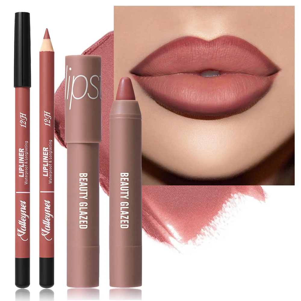 2 個/セット リップライナー + 口紅 マット防水長持ちリップカラーセット - リップライナー + 保湿口紅化粧品