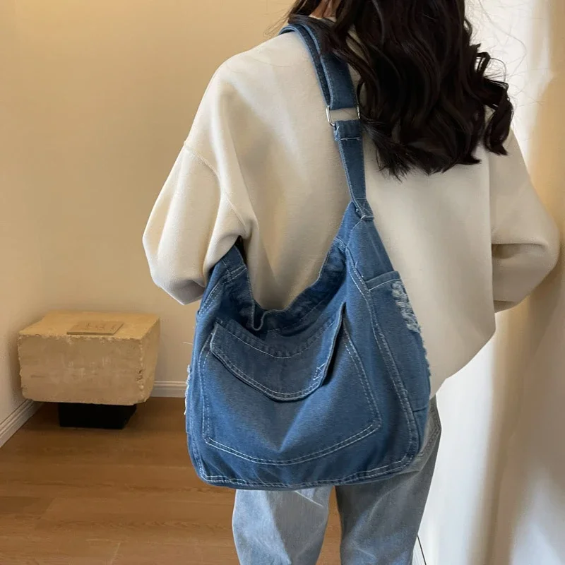 Y2K Women\'s Denim Bag Messenger Bag Student Tote Handbag Zipper Satchel Jeans Shoulder Cross Bag Eco Bag  Korean Shopper Pockets