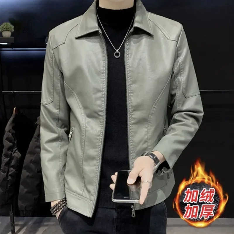 Men Turn-Down Collar Fleece Lined Faux Leather Biker Jacket, Slim Fit Korean Style Winter Casual Moto Outerwear