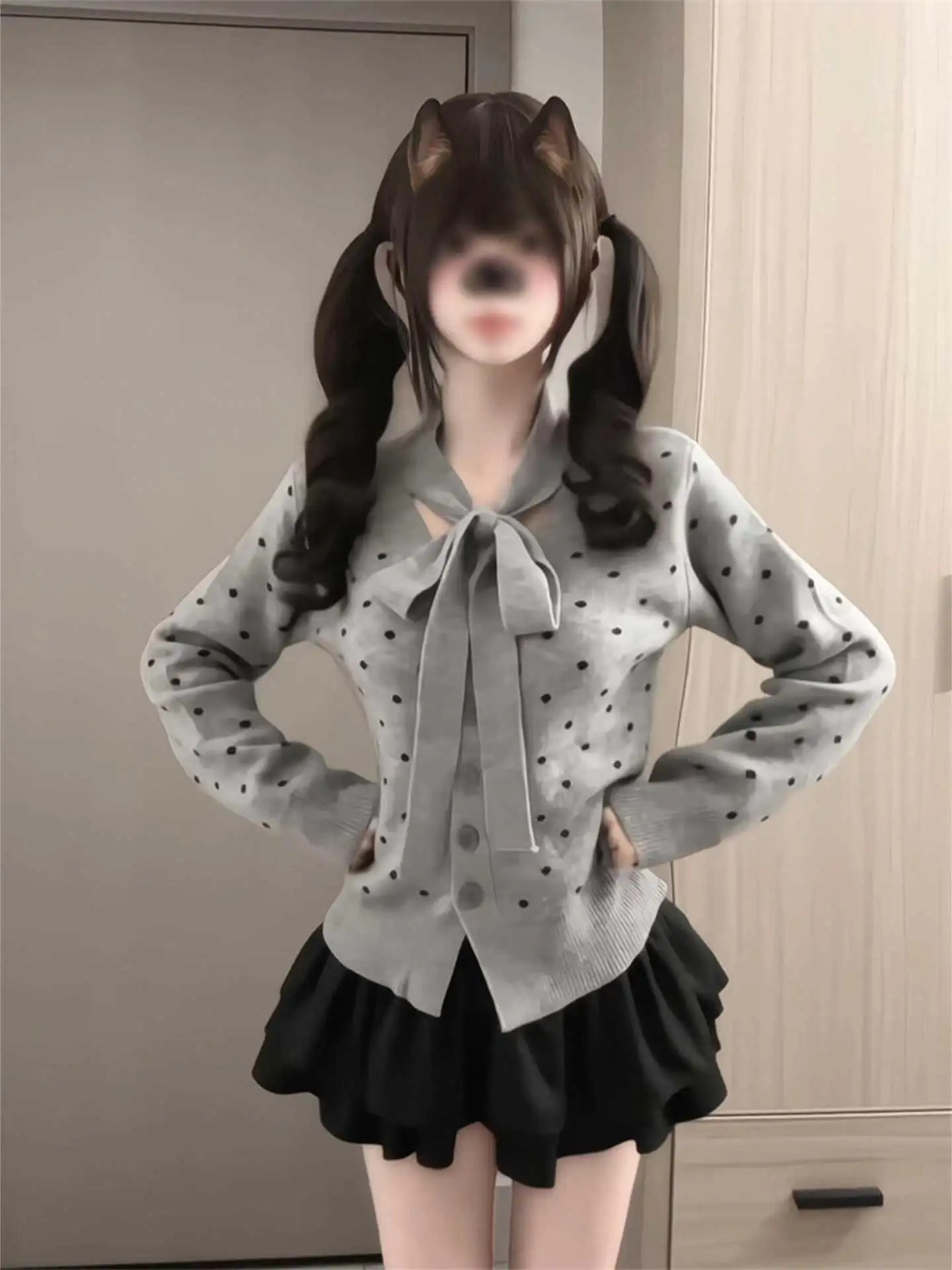 

Korean Sle ey Polka Dot Knot Knitted Open Cardigan Women's Slim Fit Soft Base irt Long Sve V-Ne Daily Wear