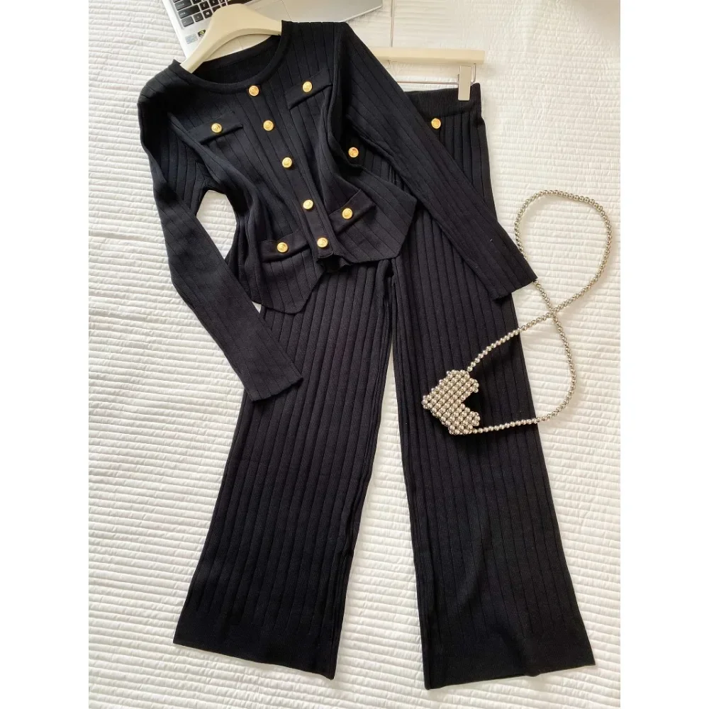 Chic Knitted Two-Piece Sets O-neck Metal Button Long Sleeve Top and High Waist Pants High Street Autumn Winter Elastic Clothing