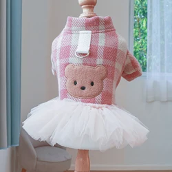 1PC Pet Apparel Dog Autumn/Winter Pink Plaid Little Bear Princess Dress Fluffy Dress with Pull Cord Buckle For Small Medium Dogs