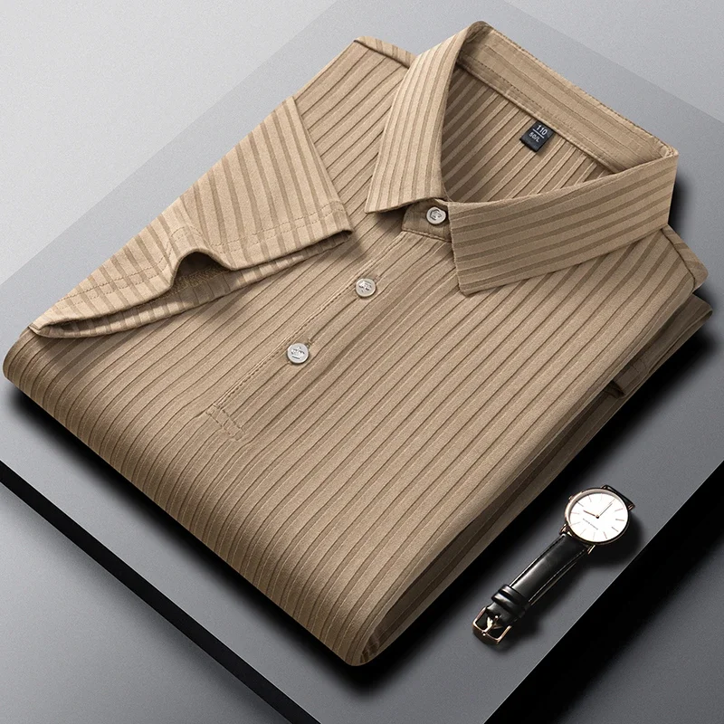 2026 New Men's Casual Fashion Striped Short Sleeved Collar Polo Shirt Breathable and Comfortable Summer Versatile T-shirt