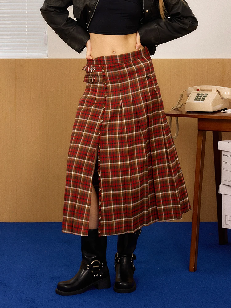 

Плиссированная юбка миди в стиле панк-ретро, красная в клетку, с разрезом, с низкой талией, для осени и зимы, из смеси полиэстера и спандекса, для повседневной носки