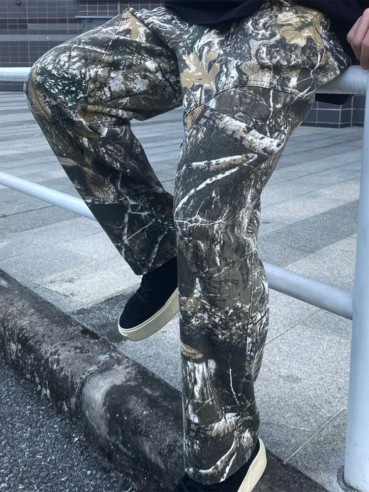 Streetwear Vibe Camouflage Pants Men Trendy Zip up Straight Trousers Mens Spring Summer Vintage Slim Cargo Pants Men's Cleanfit