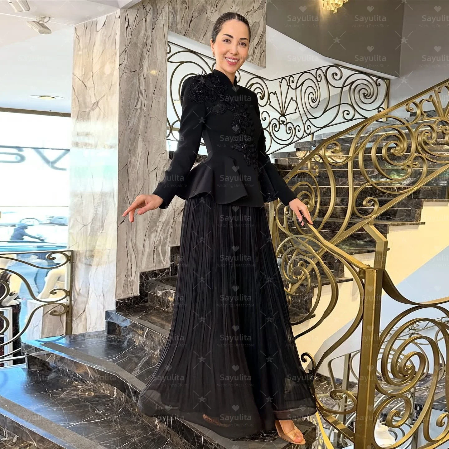 Sayulita 2-Pieces فساتين لحضور الحفلات الموسيقية مطرز زين كم طويل فستان الحفلات المسائية الطيات Vestidos Des Fiesta مخصص