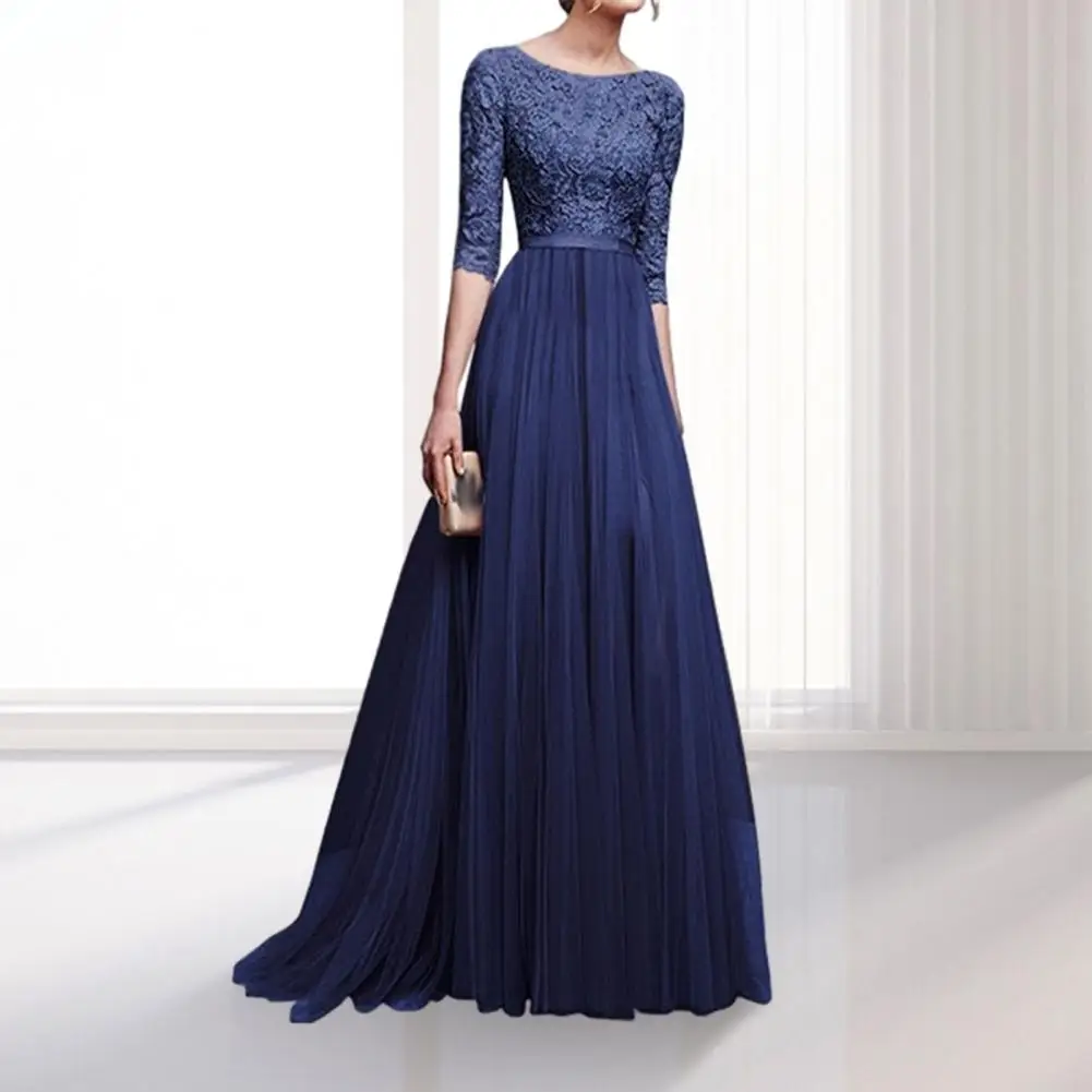 Women Prom Party Dress Round Neck Lace Flower Half Sleeve Tight Waist Floor Length Pleated Lady Maxi Evening Dress