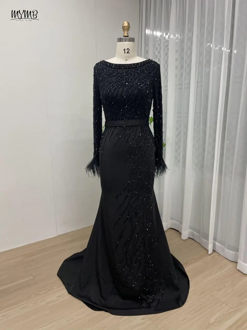 

MYMB Black Elegant Long Sleeves Muslim Evening Ball Gowns for Women 2024 Gorgerous Beaded Feathers Mermaid Wedding Party Dresses