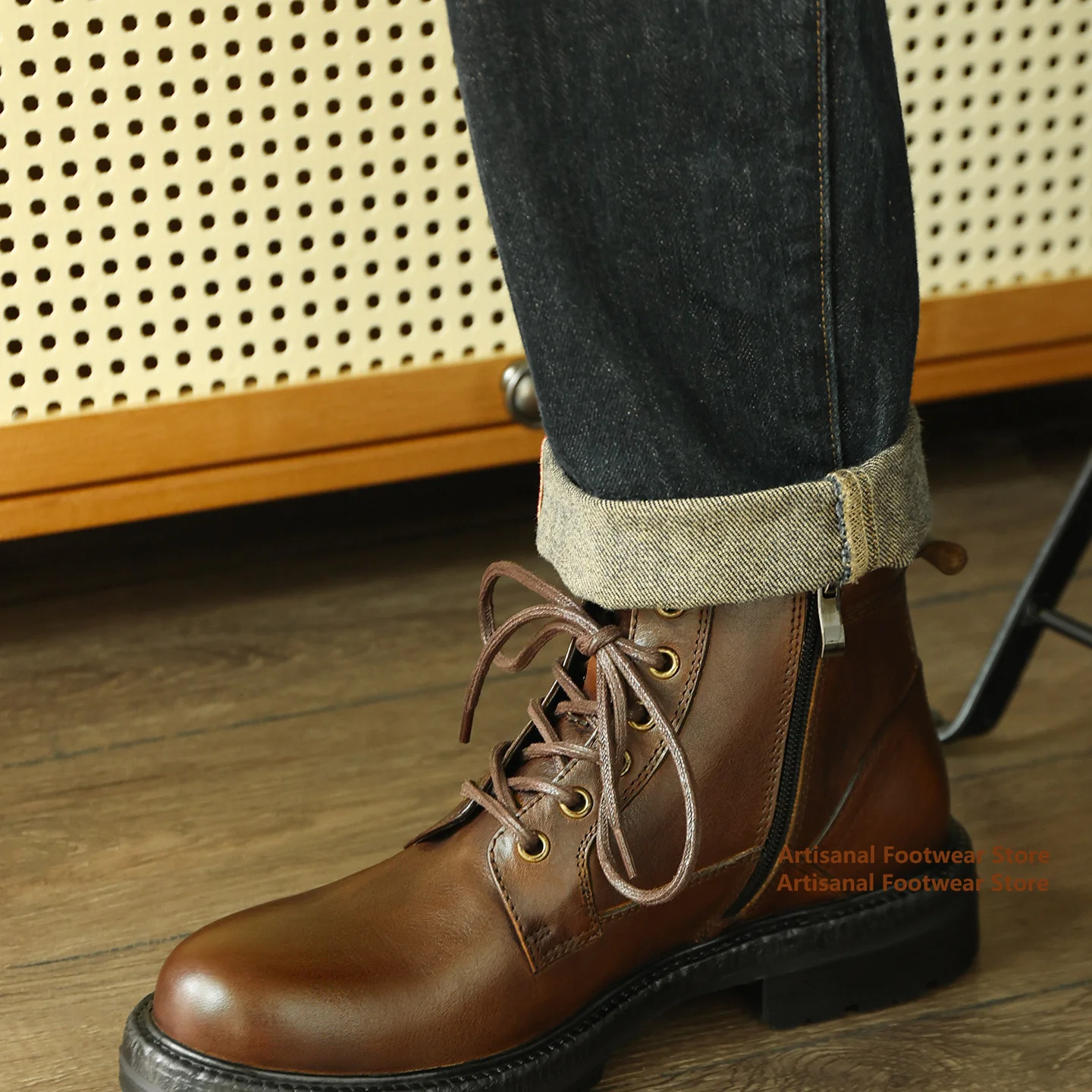 Men's Vintage Brown Leather Ankle Boots Round Toe Lace-Up Side Zip Thick Sole Booties Trendy Luxury Handmade Men's Boots