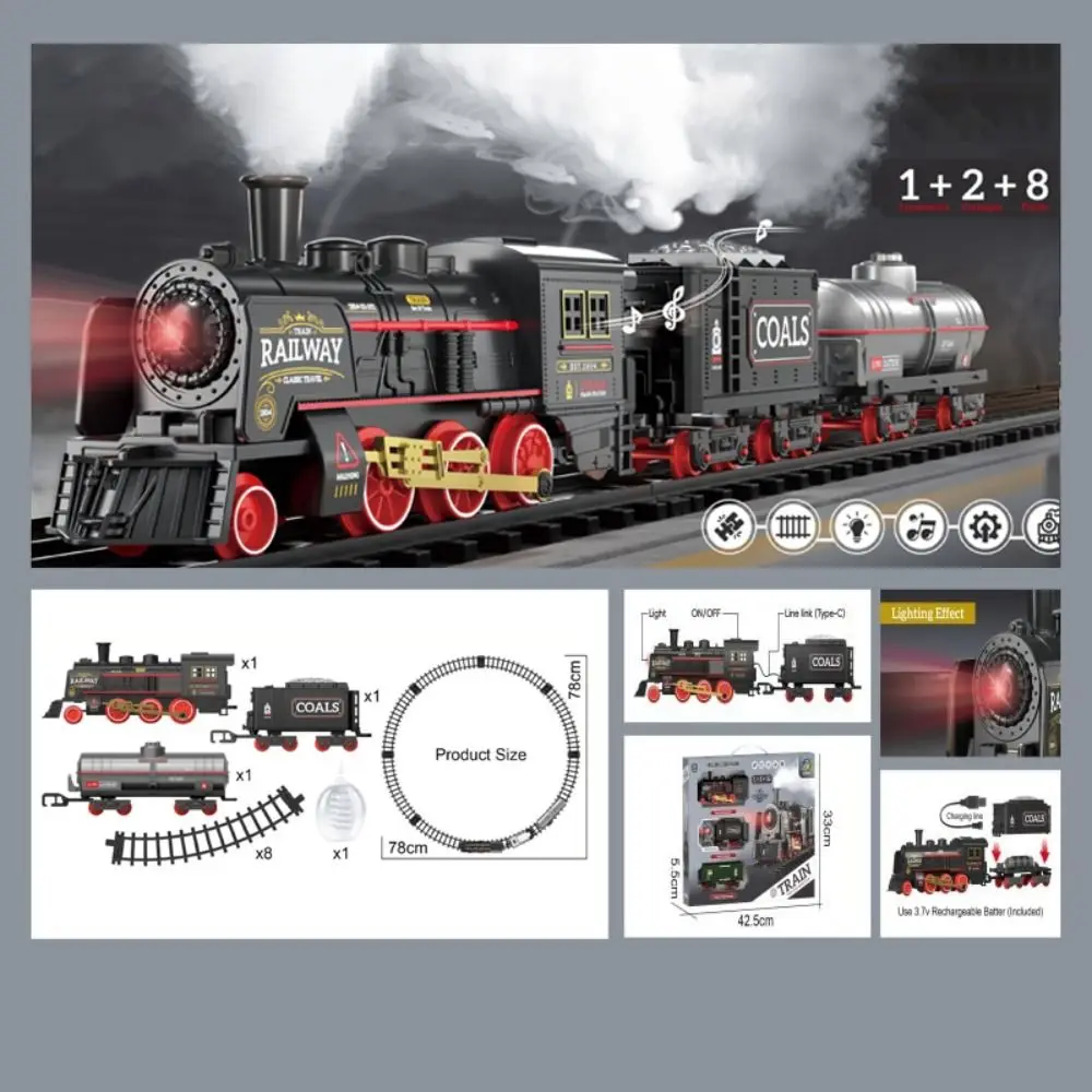 Zestaw DIY: Pociąg parowy w stylu retro, szybka kolej, lokomotywa parowa, kolejka elektryczna, tor kolejowy, zabawki kolejowe elektryczne.