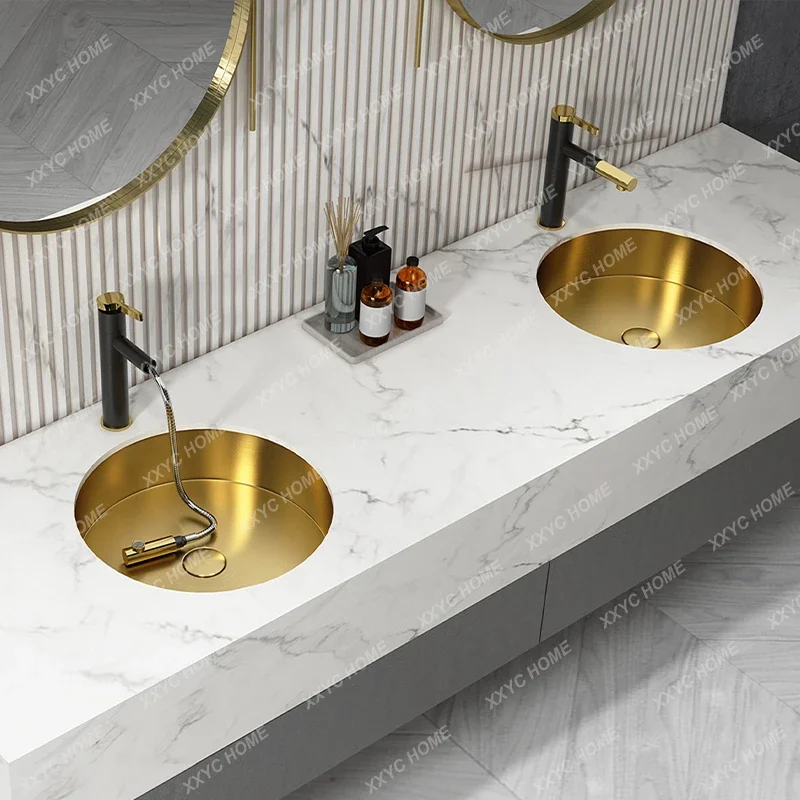 

Round gold light luxury stainless steel under-counter sink single basin household embedded sink