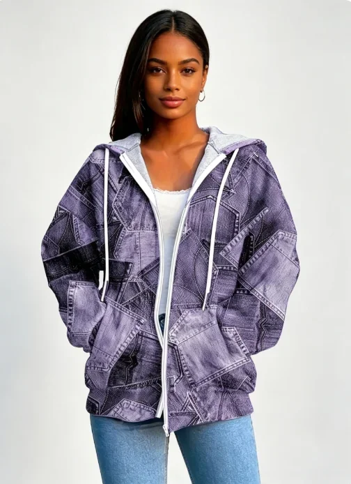Women Patchwork Print Zip Up Hooded Jacket Long Sleeve Drawstring Hoodie Casual Loose Outerwear