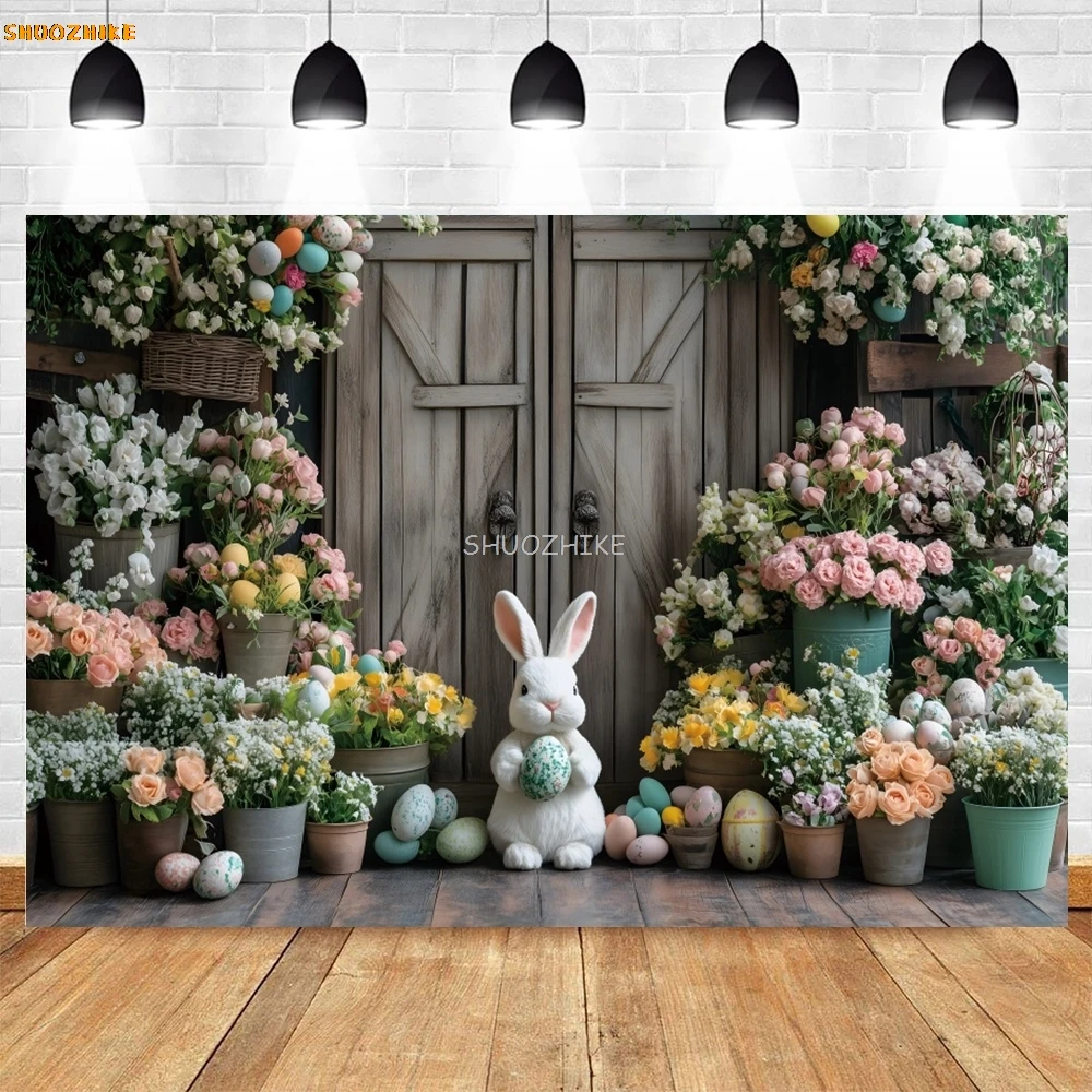 Easter Rabbit Wood Door Backdrop Flowers Eggs Birthday Party Baby Kids Portrait Family Party Photography Background Photo Studio