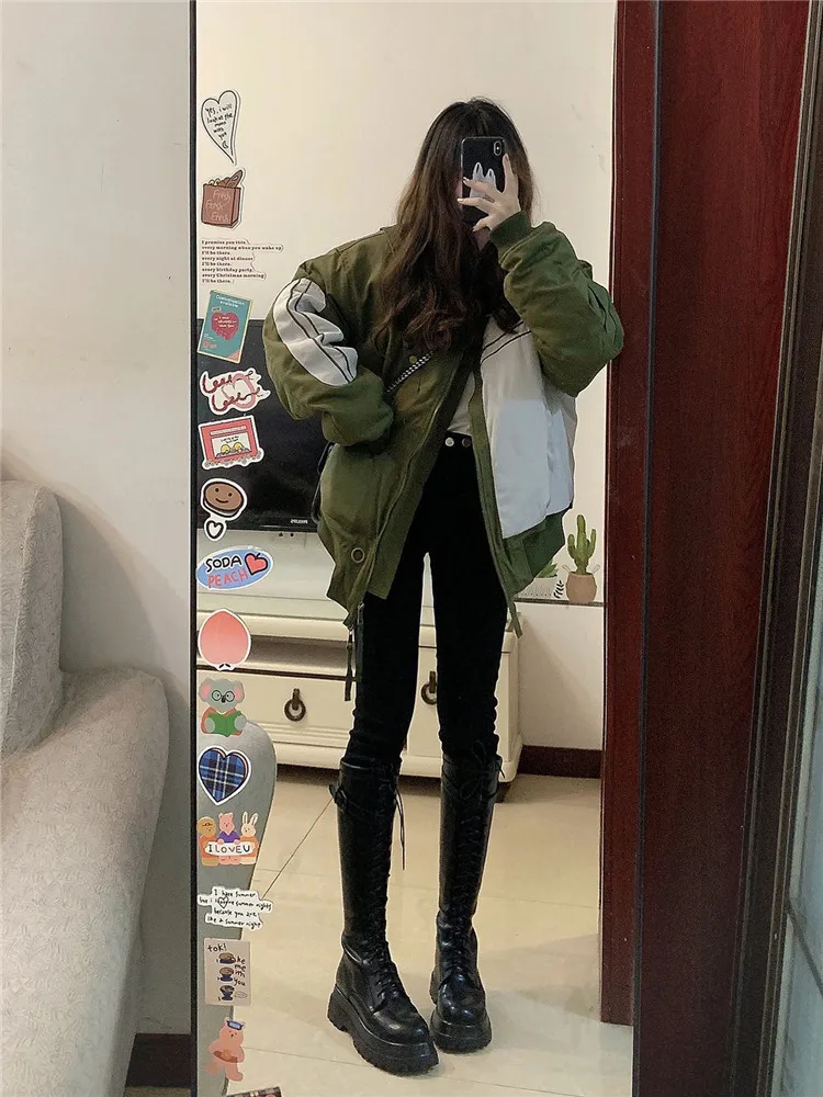 American Fashion Brand Baseball Jacket Cotton Bomber Coat Women's Winter Color Contrast Splicing Design Loose Clothes