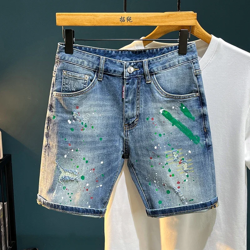 

High Street Tide Jeans Men's Hole Trend Stretch Slim Embroidery Patch Spray Paint Mid Trousers