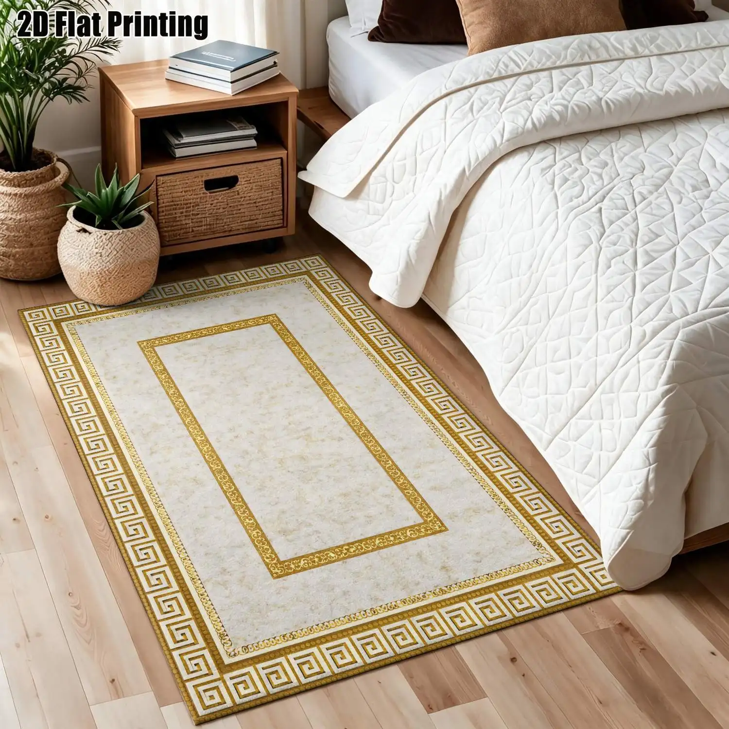 1Pc 2D Printed Carpet: Gold Geometric Border, Vintage European Style, Machine Washable, Multi-Size, Suitable for Entrance, Dining, Living Room, Bedroom as a Mat/Decoration