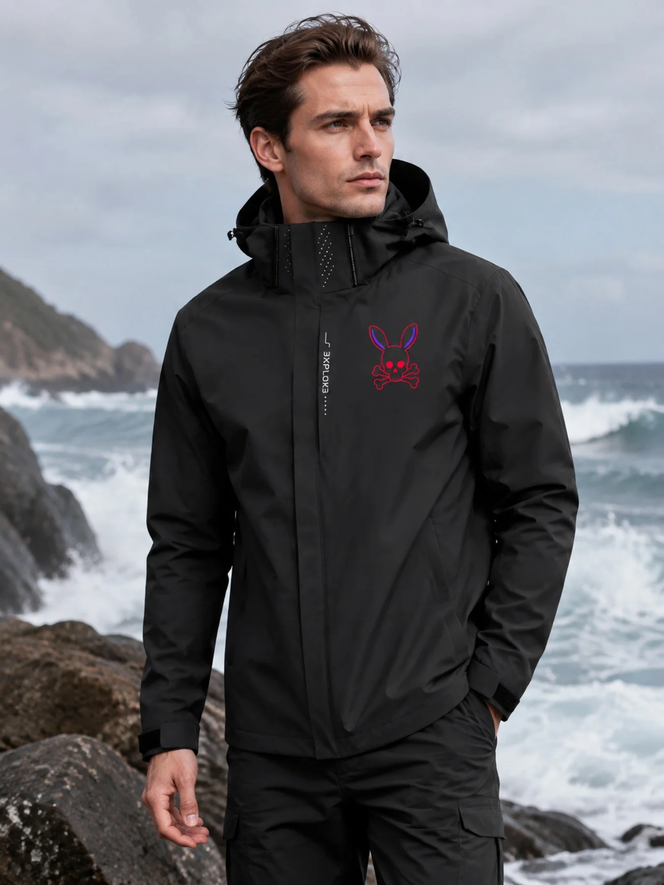 Spring Autumn outdoor hooded waterproof jacket, skull rabbit printed trendy brand jacket, zipper windproof durable coat
