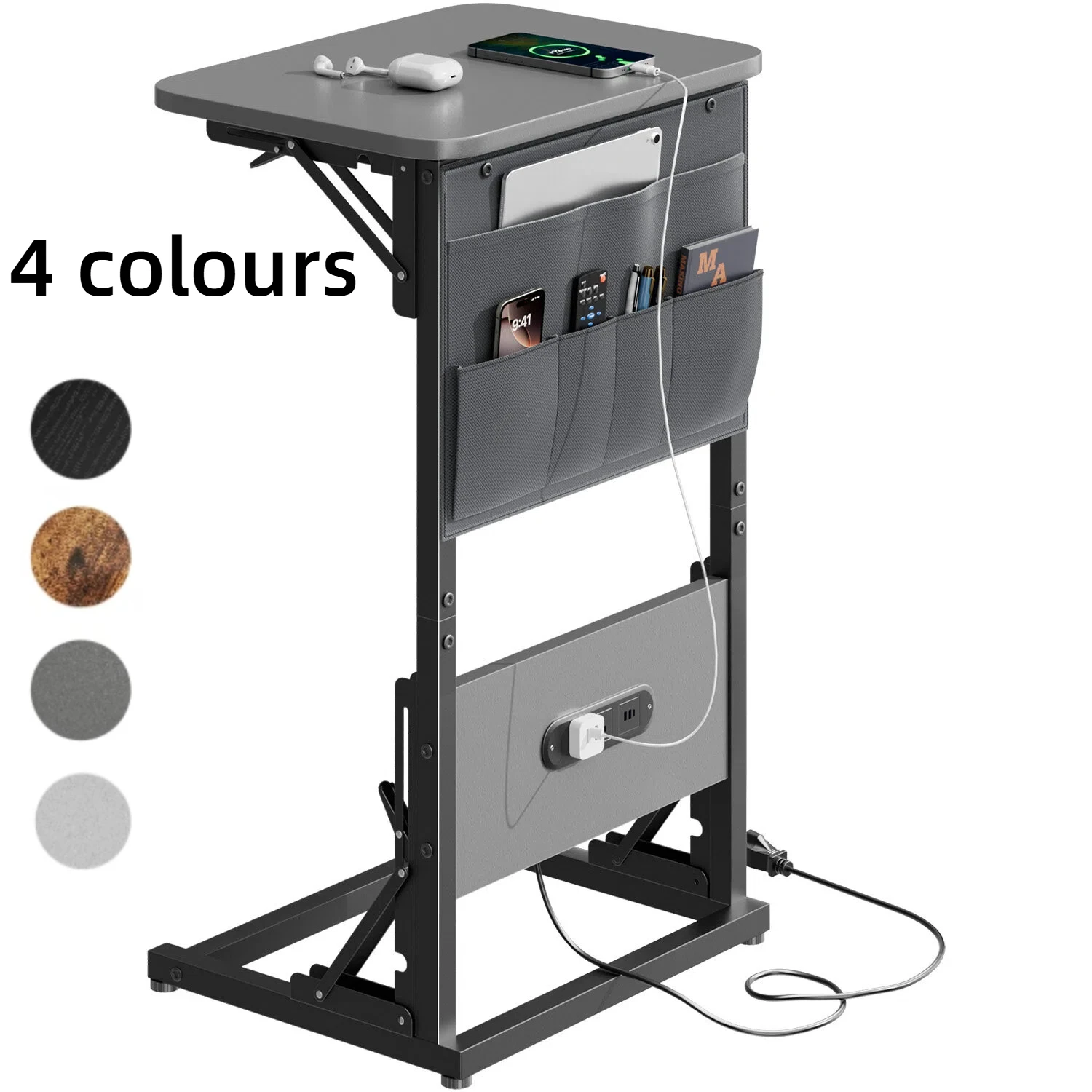 Height Adjustable C Shaped End Table with Charging Station Foldable Couch Side Table with Storage Bag 2 AC Outlets 2 USB Ports for Bedroom Living Room