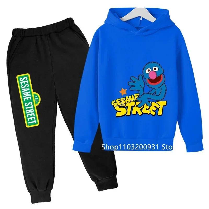 Girls and boys hoodie sets Children's Sesame Street cartoon printed hoodie Cookie Monster and Elmo fun baby clothes