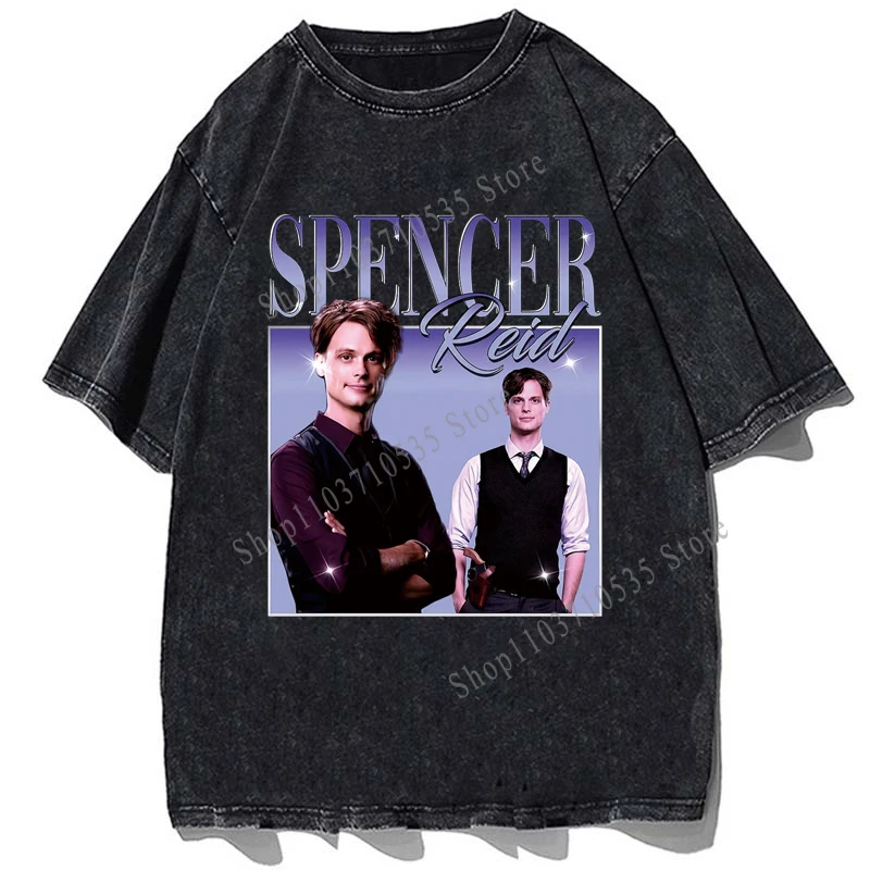 Spencer Reid Printed T-shirt Vintage Washed Overszie Tops Criminal Minds TV Series Homage T-shirt Summer Men Cotton Tshirt