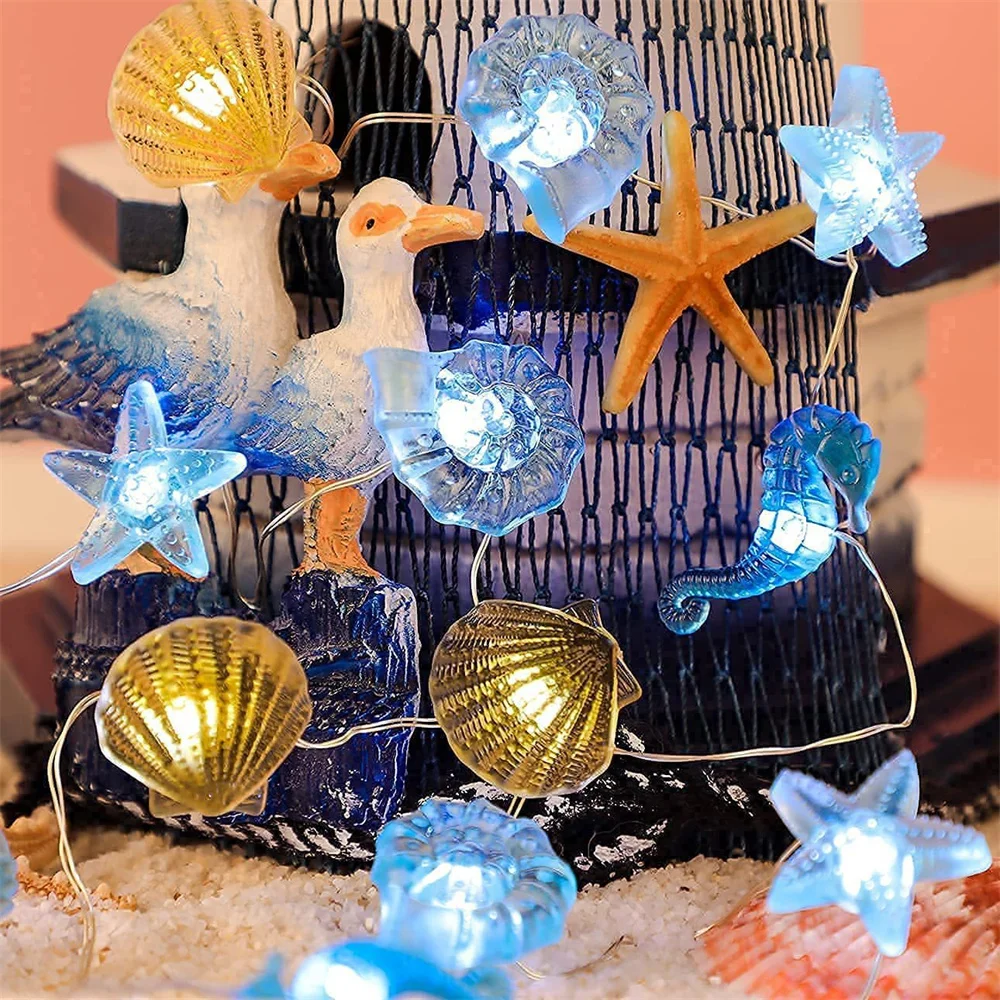 2M 20 LED Ocean Themed String Lights Battery Operated Sand Dollars Seahorse Fairy Light Garland Under The Sea Decor