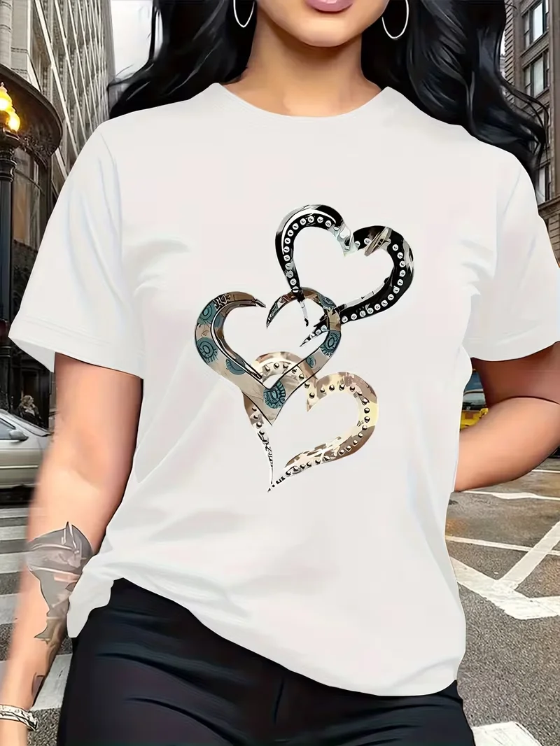 Symbol of Emotion and Love Metal Texture Art Heart Print Trendy Simple Round Neck Casual Versatile Short Sleeve Women's T-Shirt