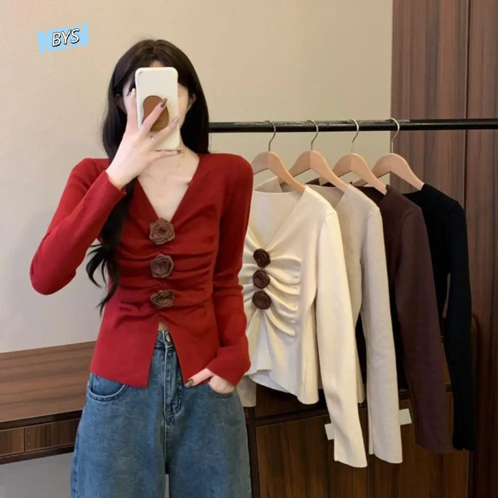 

Pleated Long Sleeved Knitwear Slim Fit Pullover 3D Rose Flower Top Autumn Spring Winter Bottoming Shirt Knitted Top for Women