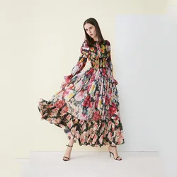 Luxury Designer HIGH QUALITY Women's Floral Print Silk Long Maxi Dress Gown 2024 New Fashion