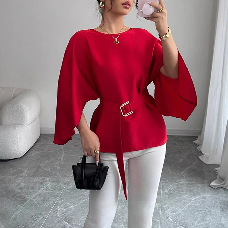 BKLD Women's Commuting Evening Party Elegant Waist Up Blouse O Neck Flare Split Sleeves Belted Solid Color Temperament Tops Club