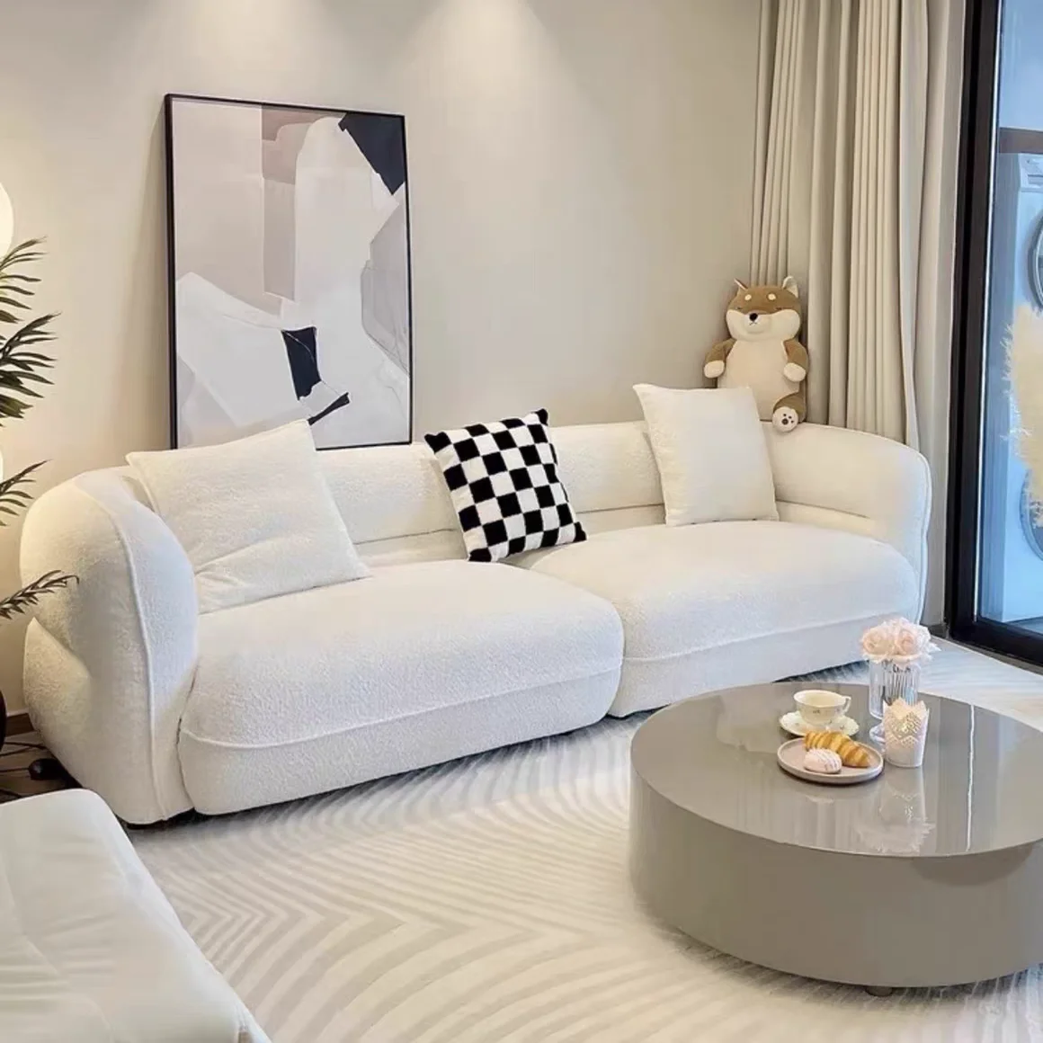 

French cream fabric lamb wool sofa light luxury living room small apartment simple designer straight row sofa